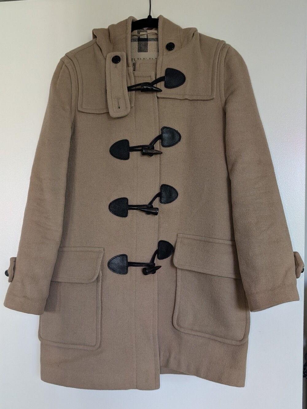 BURBERRY Brit Camel 100% Wool Hooded Duffle Toggle Coat Nova Check FRA 36 US 4